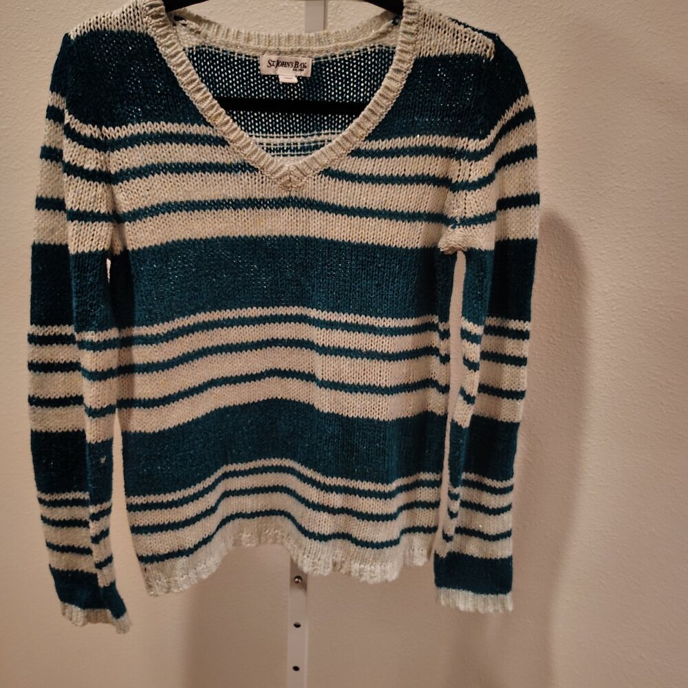 St. John's Bay Women's V-Neck Sweater Teal White Stripes Mesh Style Size Medium - Picture 5 of 10